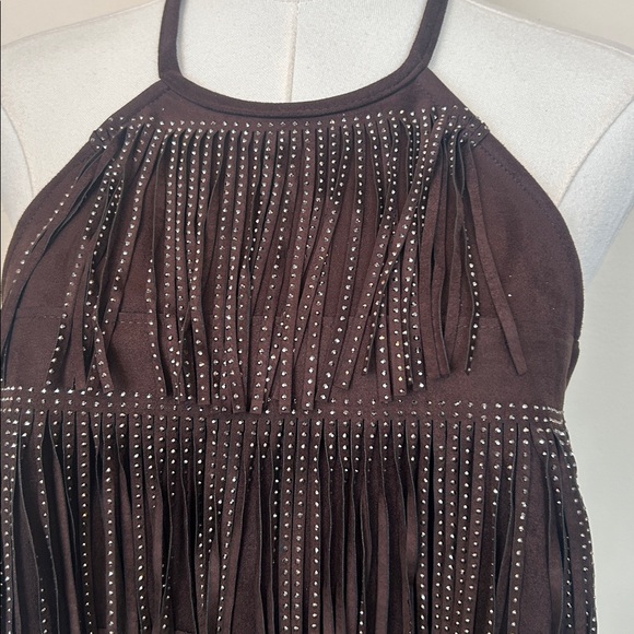 ZARA Dark Brown shimmer faux suede fringe top size large - Picture 7 of 9